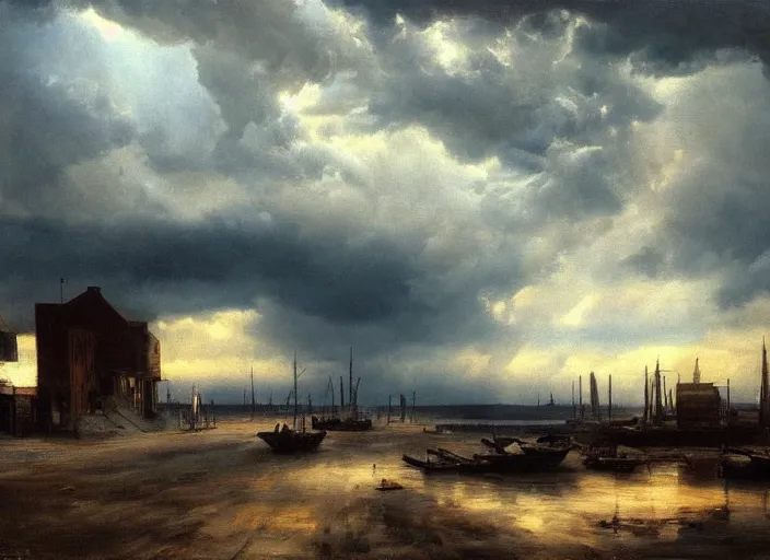 Prompt: oil painting of american old west town, harbour, dramatic storm clouds, dusty street, sunrays, dramatic, very very very beautiful art, cinematic lighting, romanticism by goya, bright pastel color, blue sky