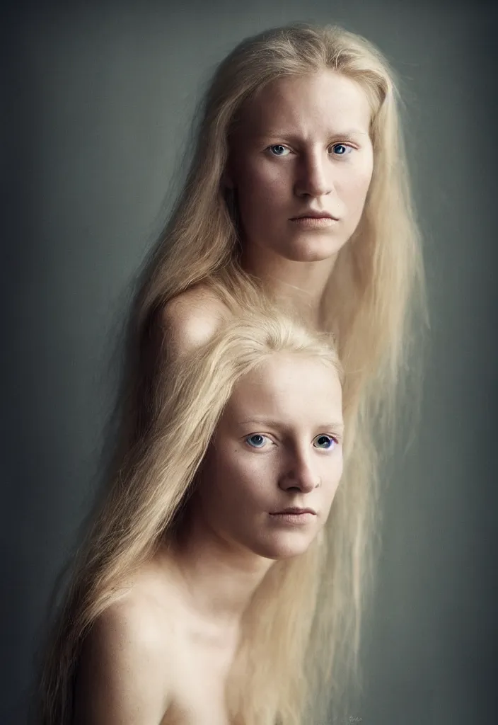 Prompt: portrait of a beautiful young scandinavian woman. studio photo by annie leibovitz.