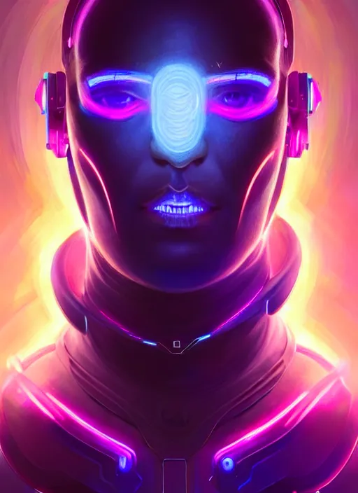 Image similar to a male cyborg faceless glowing liquefied stardust adventurer, dnd fantasy character, full body portrait, glowing neon skin, magical aura, ultra realistic, intricate, elegant, highly detailed, digital painting, artstation, smooth, sharp, focus, illustration, art by artgerm and greg rutkowski and alphonse mucha