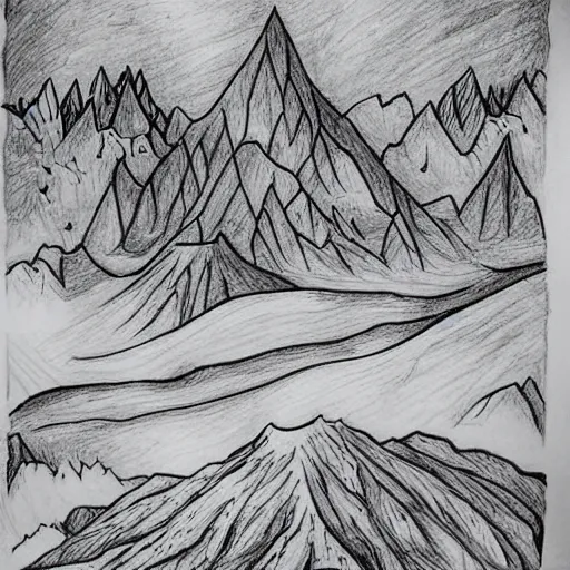 Image similar to mountains an trees in fantasy map style, high detailed drawing, drawing on wihte paper