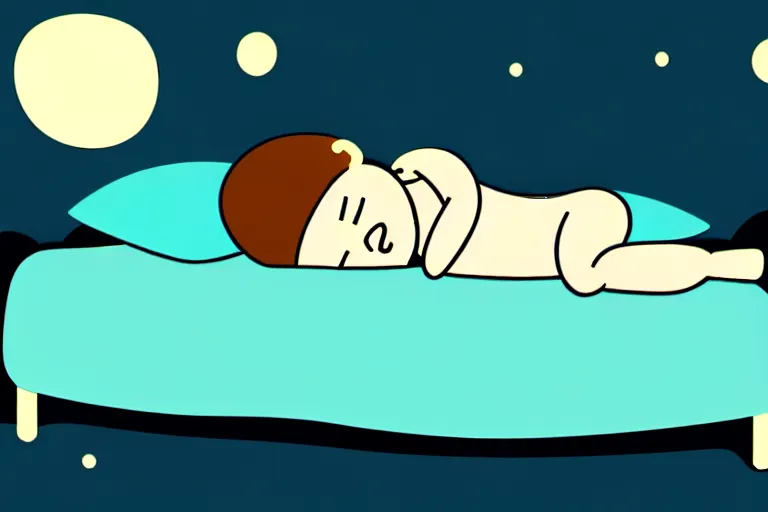 Image similar to Digital illustration of a kid sleeping on his bed at night, cute