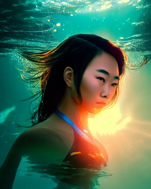 Prompt: portrait of young asian woman underwater during sunrise, sunrays, aquaman aesthetic, caustics, rippling water, photoshoot, flowing hair, haunting!, iconic, fine-art, masterpiece, cinematic, trending on artstation