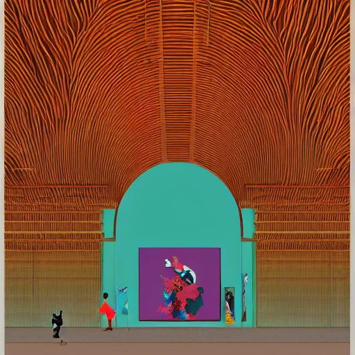 Image similar to digital illustration of modern art gallery, where there is a lot of paintings displayed from various artist, very fashion, displayed on the walls, by Victo Ngai and James Gilleard and Bruce Pennington