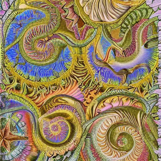 Prompt: highly detailed painting of a baroque pattern by ernst haeckel, by escher, islamic, bright pastel colors