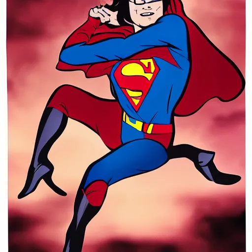 Prompt: Velma uppercutting Superman, comic book, high action, concept art