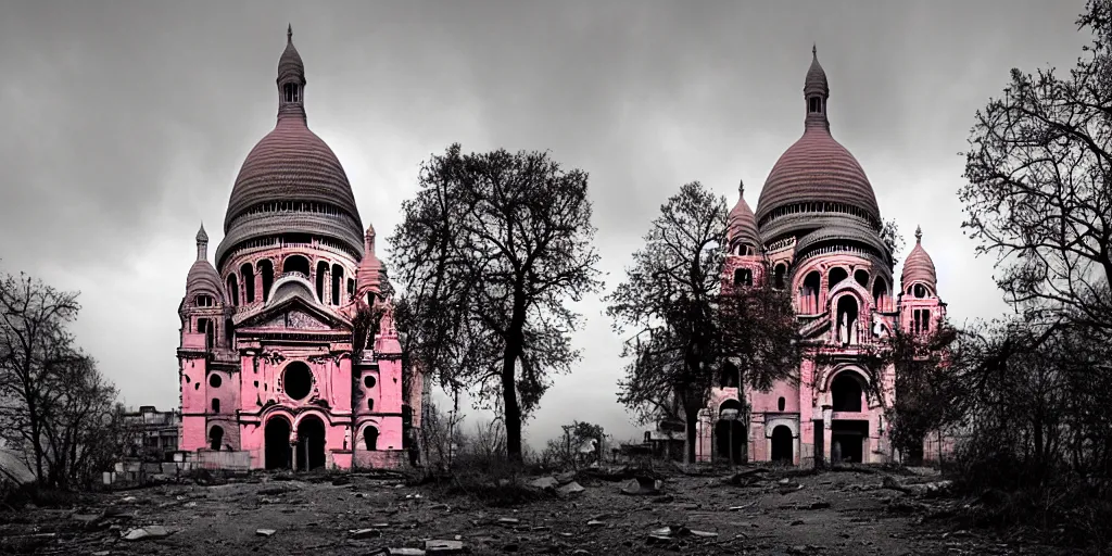 Image similar to abandoned post-apocalyptic Basilica of Sacré Coeur de Montmartre, toxic orange and pink mist rises from the ground and contrasts the white exterior, dark gray skies, stark contrasting lighting, a two-headed mutated deer-like creature looks on in the distance from the sparse twisted silhouetted foliage, a highly detailed colorful matte painting by Zdzislaw Beksinski and Mikko Lagerstedt, featured on Artstation, Unreal Render, 8k HDR