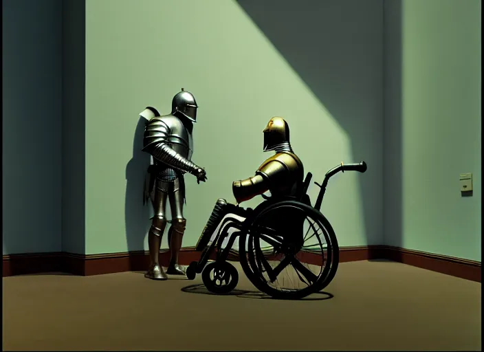 Prompt: knight in armor in a wheelchair do tricks, minsk, highly detailed, soft lighting, elegant, works by edward hopper and james gillard, zdislaw beksinski, stephen outram, andreas m wiese, highly detailed, masterpiece. rendered in blender, smooth shadows, ultra detail, high resolution, unreal 6, 8 k