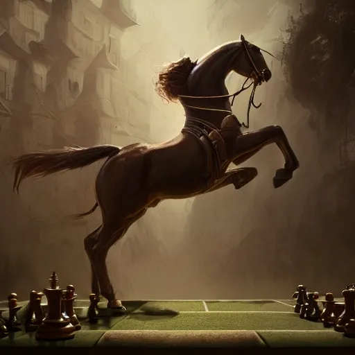 Image similar to a chess piece comes alive, the horse jumps over the wooden chessboard, fantasy art, in the style of greg rutkowski, illustration, epic, fantasy, cinematic, intricate, hyper detailed, artstation, concept art, smooth, sharp focus, ray tracing