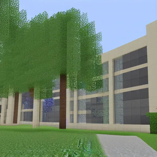 Image similar to college campus sidewalk with a rectangular and new college building in the background,, ( ( minecraft ) ) style, shaders