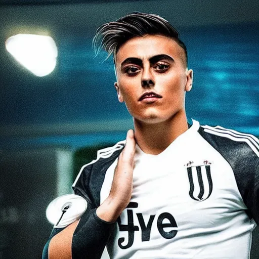 Image similar to a realistic detailed photo of a guy who is an attractive humanoid who is half robot and half humanoid, who is a male android, soccer player paulo dybala, shiny skin, posing like a statue, blank stare, in a living room, on display, showing off his muscles