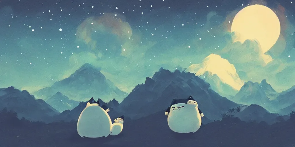 Image similar to glowing snorlax totoro, mountain landscape, night sky, digital art, digital painting, celestial, majestic, colorful