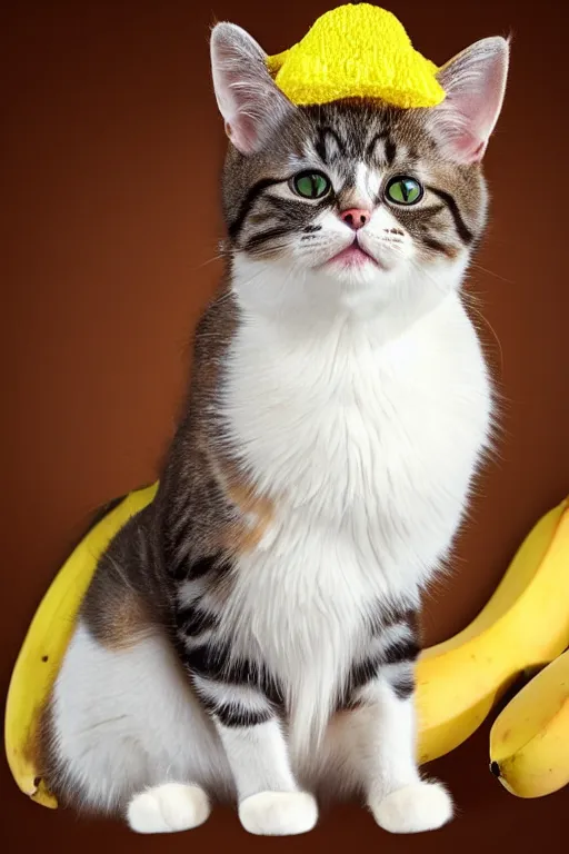 Image similar to realistic photo of an adorable cat wearing a banana hat, highly detailed,