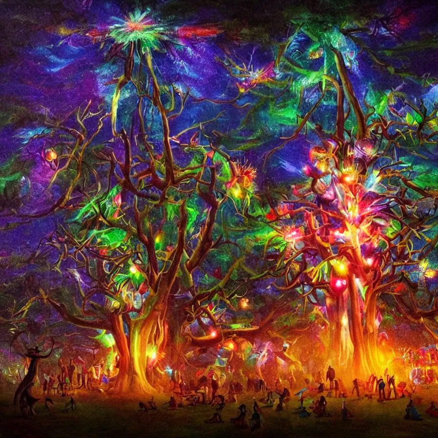 Image similar to closeup of a night carnival around a magical in a summer storm, tree cavity with a music scenario with many fireworks and christmas lights,, volumetric lightning, instense colored god rays in the sky, folklore people disguised with fantastic creatures in a magical forest by summer night, masterpiece painted by david goldblatt, scene by dark night environment, refraction lights,