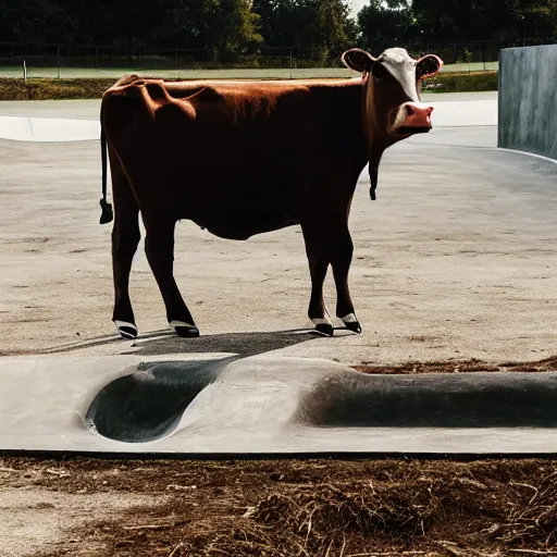 Prompt: a cow in a skatepark