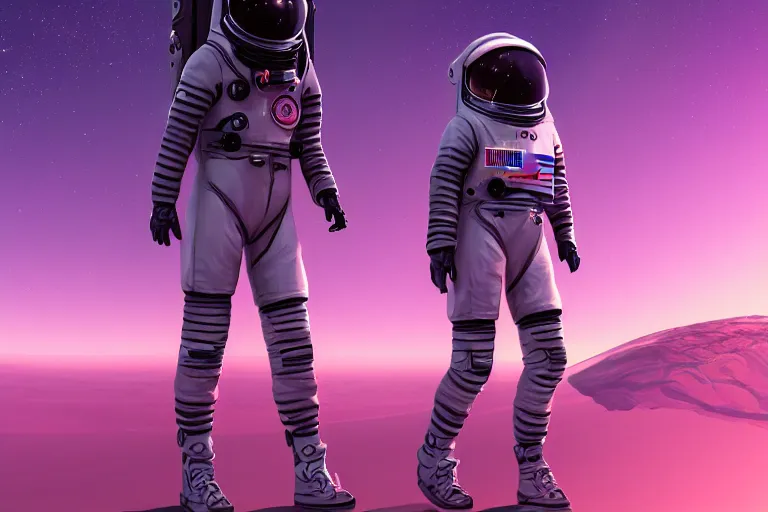 Prompt: [ an athletic astronaut woman ]! walking with swag toward a [ camera on mars in a realm of infinite universes ]!, wide - angle shot!, synthwave! art style, digital art, cgsociety contest winner, trending on [ artstation ]!, 4 k, intricate, award winning, [ symmetrical ]!