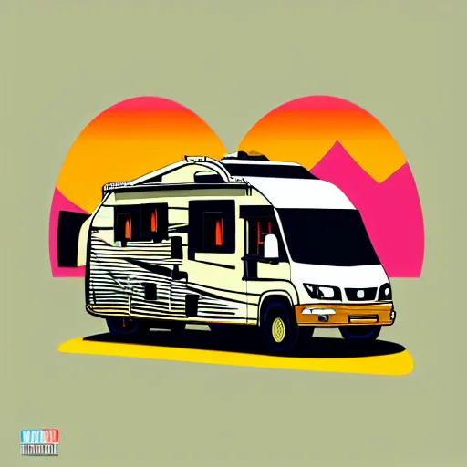 Image similar to stylized line art graphic of a white and black cute thor chateau! motorhome camper!!, mountains, colorful sunset!!, line art by tom whalen