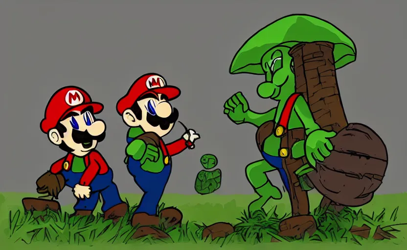 Image similar to mario and luigi as dark souls bosses, eldritch art, gothic medieval boss, epic battle, dual fight, cinematic art, character portrait, boss encounter, dangerous, fallen mushroom kingdom, castle ruins and demented goombas