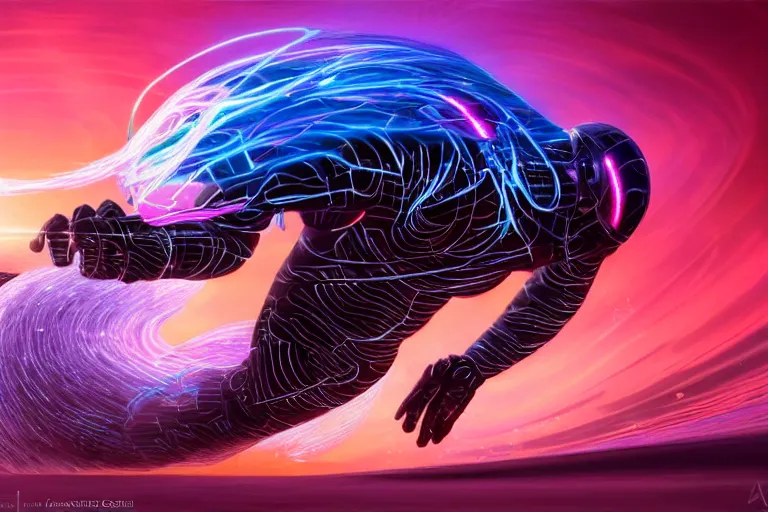 Prompt: a wide angle dynamic action photo of the silhouette of a cybernetic black man with dreadlocks surfing an opal barrel wave, neon lightning storm, by clark little and rhads in a surreal style, concept art by artgerm, ( wave porn ), highly detailed, infinite intricacy fractal, retrowave sunset, bokeh!