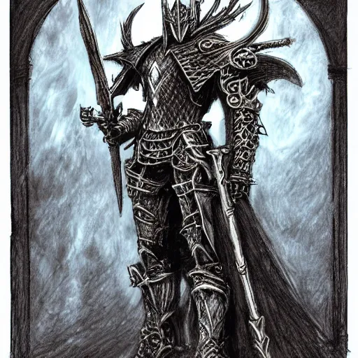 Prompt: gothic knight, intricate etched armor, standing astride a gate, artstation, charcoal, in the style of terese nielsen, full color