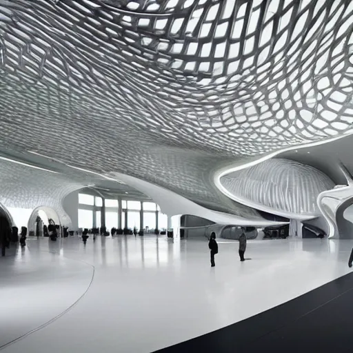 Image similar to extremely detailed ornate stunning beautiful elegant futuristic museum lobby interior by Zaha Hadid