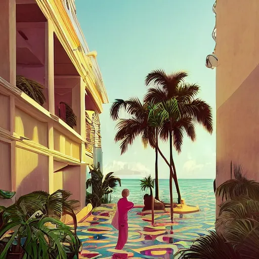 Image similar to miami vice, indoor liminal space, golden light, greg rutkowski, palm trees, pink door, minimalistic, hyperrealistic surrealism, award winning masterpiece with incredible details, epic stunning, infinity pool mirrors, a surreal vaporwave liminal space with mirrors, highly detailed, trending on artstation, artgerm and greg rutkowski and alphonse mucha, daily deviation