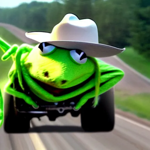 Prompt: kermit in a cowboy hat rolling coal on the highway