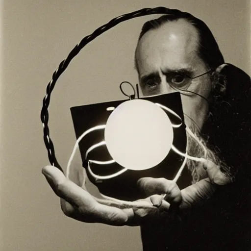 Image similar to Marcel Duchamp holding a light-producing sphere with cables attached, 35mm film, icon by Irving Penn
