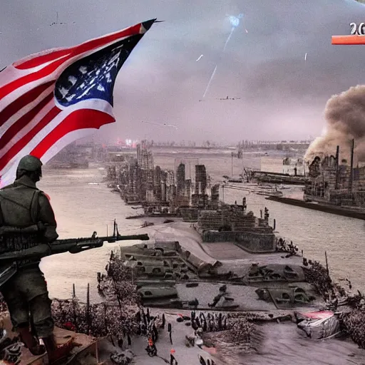 Image similar to The war between the Soviet Union and America, the action takes place in New York, far away against the background of the Statue of Liberty, a lot of soldiers and military equipment, a lot of explosions and tracer bullets, a lot of ruins, a very epic battle, The style of photography of the 80s, very detailed and detailed style
