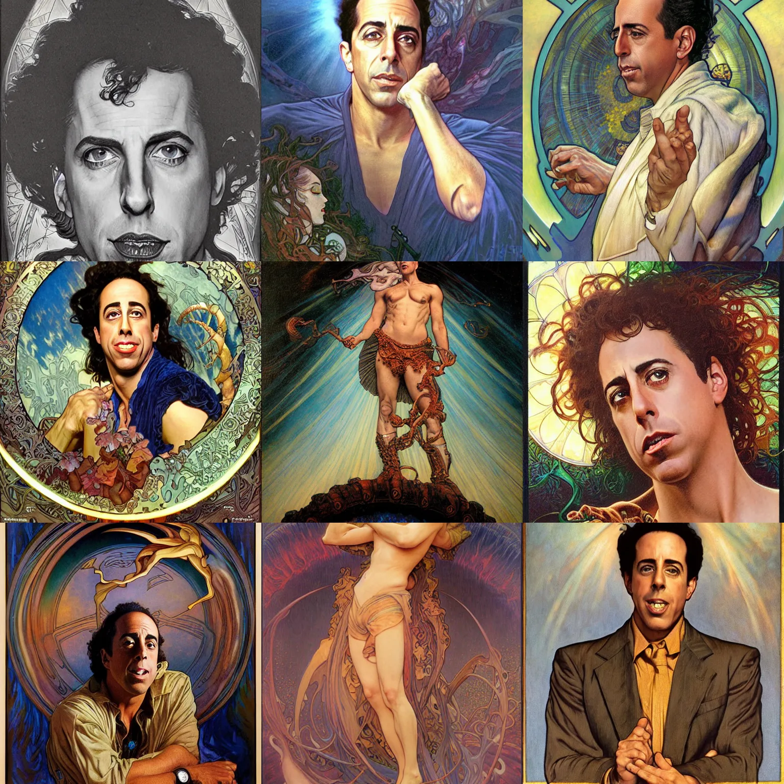 Prompt: awe-inspiring award-winning concept art painting of Jerry Seinfeld as himself, by Julie Bell, Jean Delville, Virgil Finlay, Alphonse Mucha, Ayami Kojima, Amano, Charlie Bowater, Karol Bak, Greg Hildebrandt, Jean Delville, Frank Frazetta, Peter Kemp, and Pierre Puvis de Chavannesa, extremely moody lighting, glowing light and shadow, atmospheric, shadowy, cinematic, 8K,