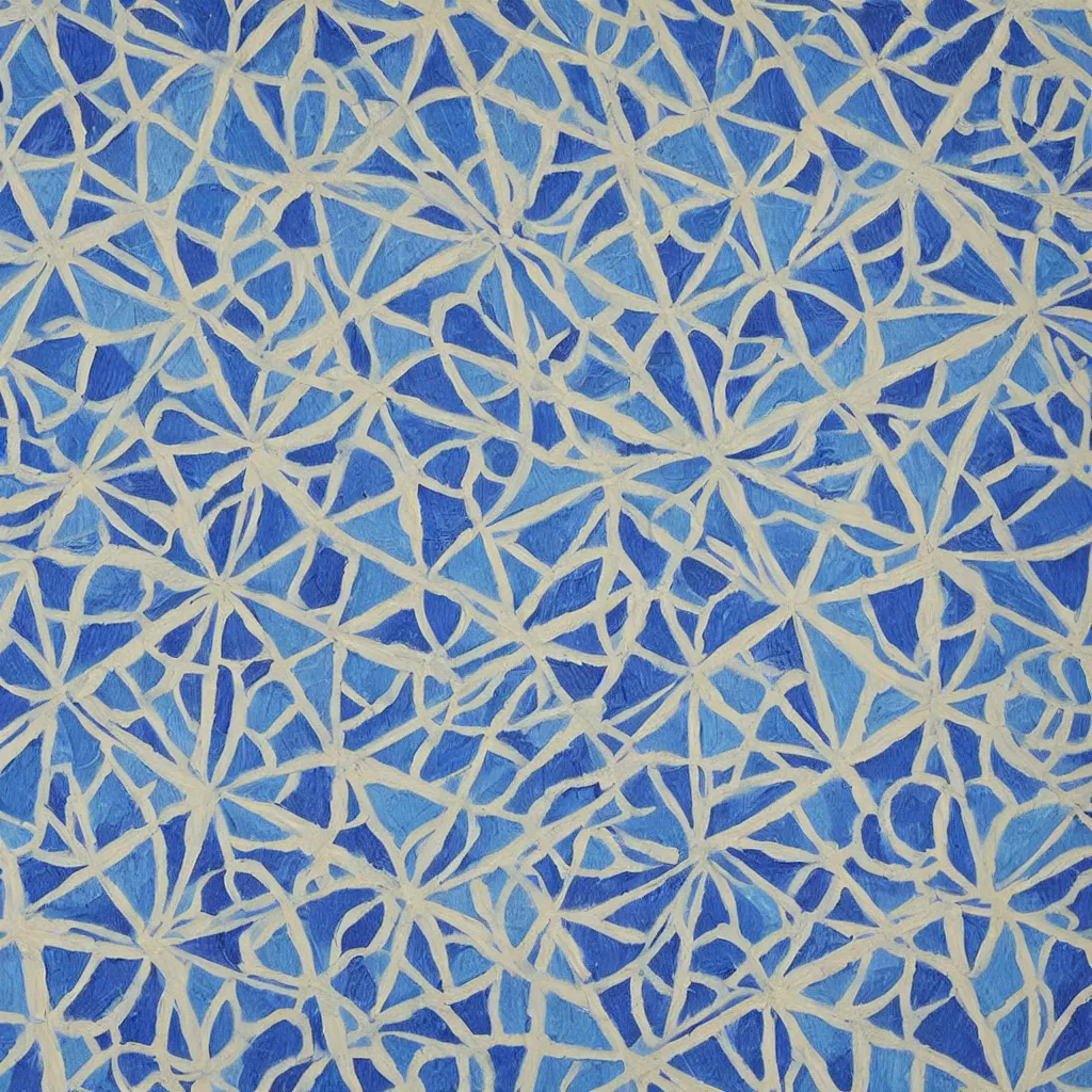 Image similar to a impasto oil painting of beautiful, symmetric indian pattern, blue! and white colors, ultra high details, symmetry, large hexagons!! shapes