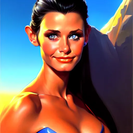 Image similar to portrait of young courtney cox as an amazon girl, painted by stanley artgerm, boris vallejo, fantasy art, sleek curves, sharp focus, trending on artstation hq, deviantart