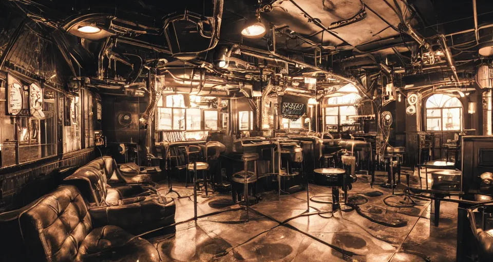 Prompt: dieselpunk lounge in restrained electropunk aesthetic