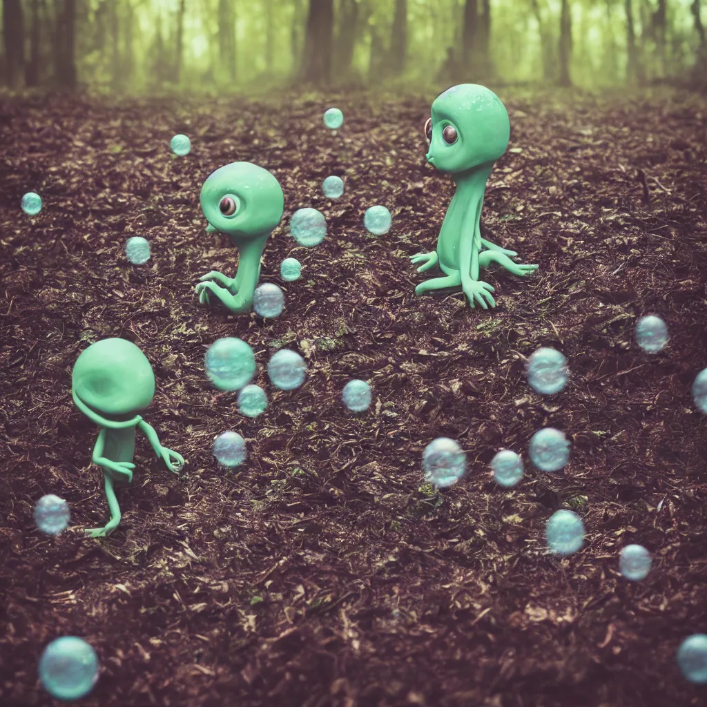 Prompt: plasticine alien lost in the forest, full of bubbles, wet specular, magic hour, photograph, depth of field