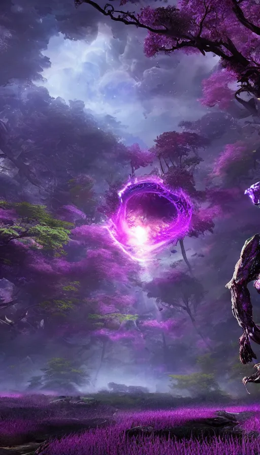 Image similar to a future scifi ancient god on the middle of a purple forest holding a portal that's about to explode, sweat drops, insane, highly detailed, smooth, sharp focus, Unreal Engine 5, 8K, art by Akira Toriyama