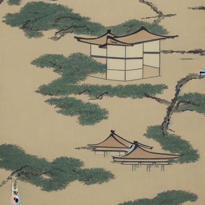 Prompt: a building in a serene landscape, traditional japanese painting