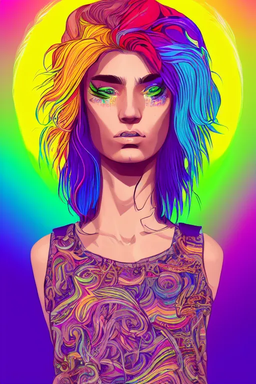 Image similar to a award winning half body portrait of a beautiful woman with stunning eyes in a printed croptop and cargo pants with rainbow colored ombre hairstyle head in motion and hair flying by josan gonzales, outrun, vaporware, shaded flat illustration, digital art, trending on artstation, highly detailed, fine detail, intricate