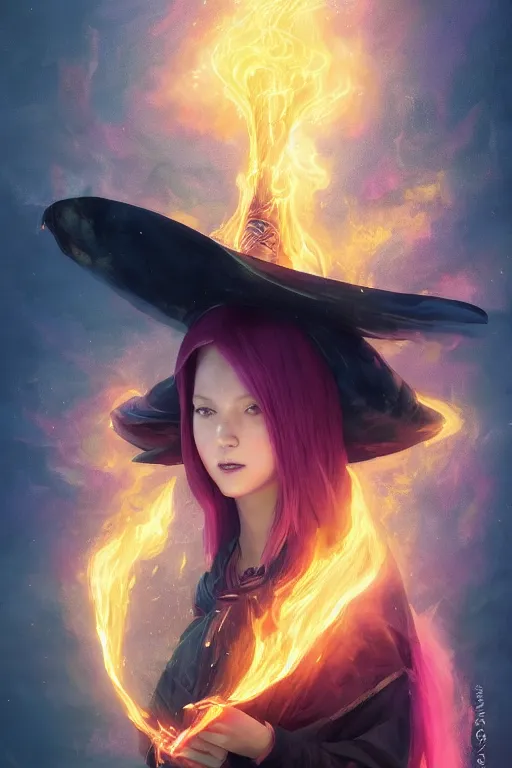 Image similar to a fancy portrait of a beautiful dark magician girl with a large witches hat covered in colourfull flames by Greg Rutkowski, Sung Choi, Mitchell Mohrhauser, Maciej Kuciara, Johnson Ting, Maxim Verehin, Peter Konig, final fantasy , mythical, 8k photorealistic, cinematic lighting, HD, high details, atmospheric,