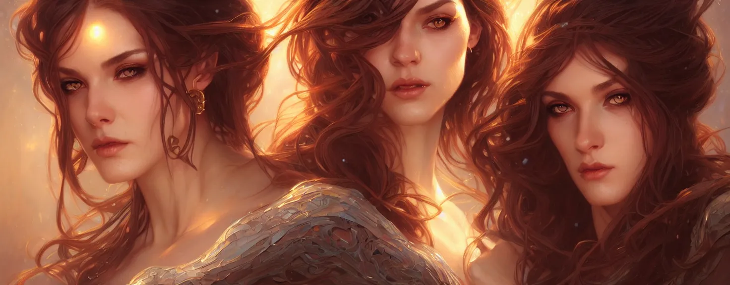 Image similar to fantasy magic woman portrait, sci-fi, amber eyes, face, long hair, fantasy, intricate, elegant, highly detailed, digital painting, artstation, concept art, smooth, sharp focus, illustration, art by artgerm and greg rutkowski and alphonse mucha