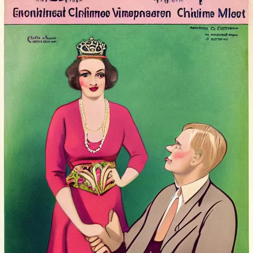 Image similar to a extreme long medium full shot, german and eastern european mixture kodachrome slide depicting a queen with tan skin, short, rippling dark cinnamon hair, and emerald coloured eyes, having a meeting with the prime minister. she is depicted in a vintage historical fantasy 1 9 3 2 life magazine photograph wearing a pink dress with floral patterns and green jewelry.