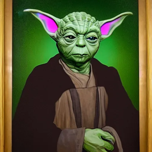 Image similar to a portrait painting of yoda from star wars in a renaissance style hanging in the louvre