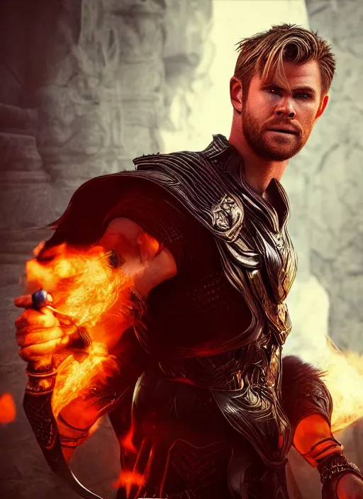 Image similar to A fantasy comic book style portrait painting of Chris Hemsworth as a Warrior Sorcerer in dark castle setting, unreal 5, DAZ, hyperrealistic, octane render, RPG portrait, dynamic lighting