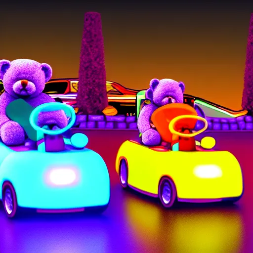 Image similar to teddy bears riding bumper cars in a theme park, synthwave, digital art