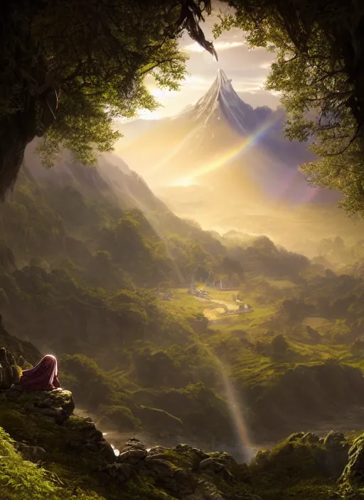Image similar to an astral monk in lord of the rings scenery landscape, looking out at a vast lush valley at sunrise, big tibetan temple complex on a mountain in the distance, river, waterfall, god's rays, highly detailed, vivid color, cinematic lighting, perfect composition, 8 k, gustave dore, derek zabrocki, greg rutkowski, belsinski, octane render