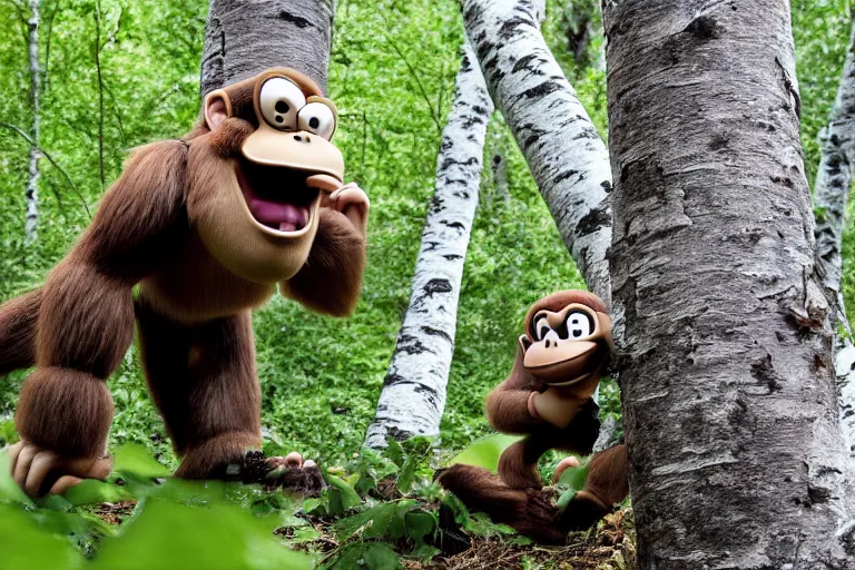 Image similar to close up of donkey kong in a forest knocking down trees, a white birch tree that has fallen over, donkey kong from nintendo 6 4