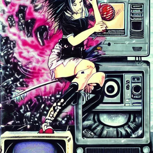 Prompt: punk girl destroying a crt tv with a spiked baseball by ayami kojima