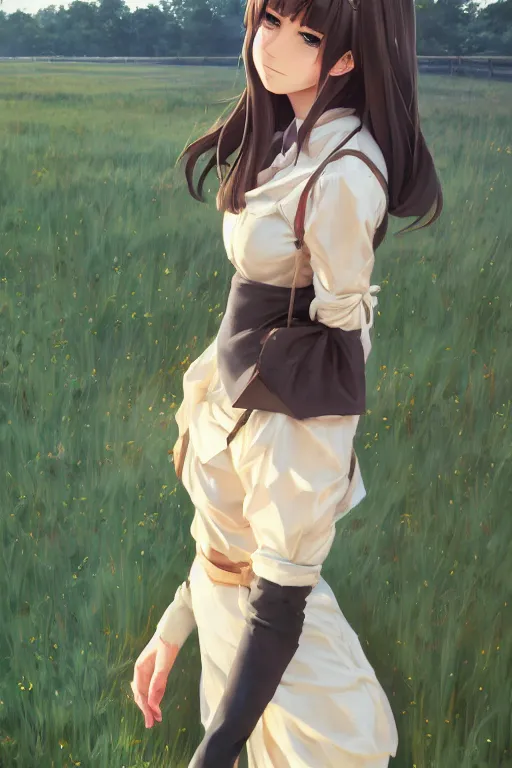 Prompt: a farmer girl, full body shot, intriguing outfit, fine - face, realistic shaded perfect body, fine details. night setting. very anime style. realistic shaded lighting poster by ilya kuvshinov katsuhiro, magali villeneuve, artgerm, jeremy lipkin and michael garmash, rob rey and kentaro miura style, trending on art station