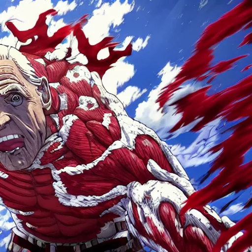 Prompt: joe biden, as the colossal titan, destroying a florida mansion, attack on titan, anime key visual, wit studio official media