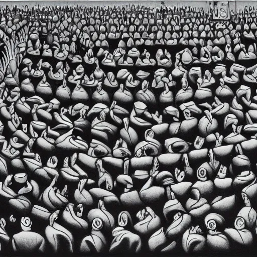 Prompt: people lining up, M.C. Escher painting, 4k drawing