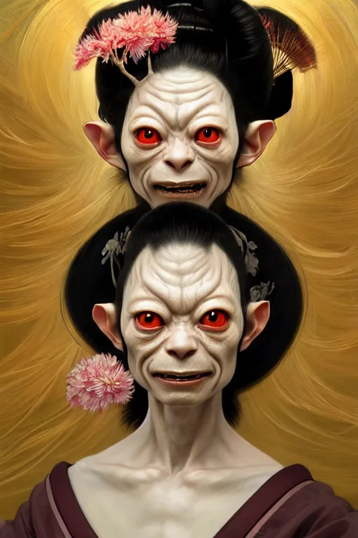 Prompt: clear portrait of gollum dressed as a japanese geisha, background hyper detailed, character concept, full body, dynamic pose, glowing lights, intricate, elegant, highly detailed, digital painting, artstation, concept art, smooth, sharp focus, illustration, art by artgerm and greg rutkowski and alphonse mucha