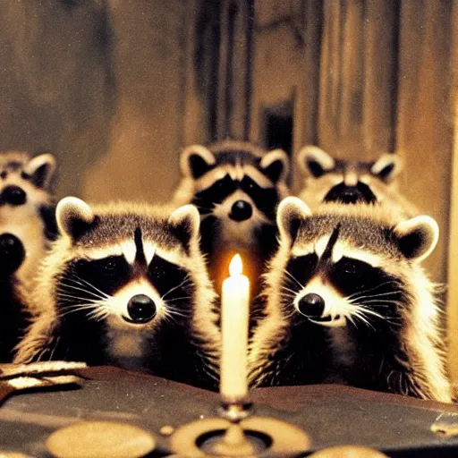 Image similar to 1 9 8 0's award winning sci - fi movie still, a group of raccoons wearing dark cult robes look towards the camera in surprise and anger as they perform a dark occult evil ceremony inside the secret lair of an underground mystery cult, dramatic candlelight, pentagrams, ultra - detailed, photorealistic, 4 k